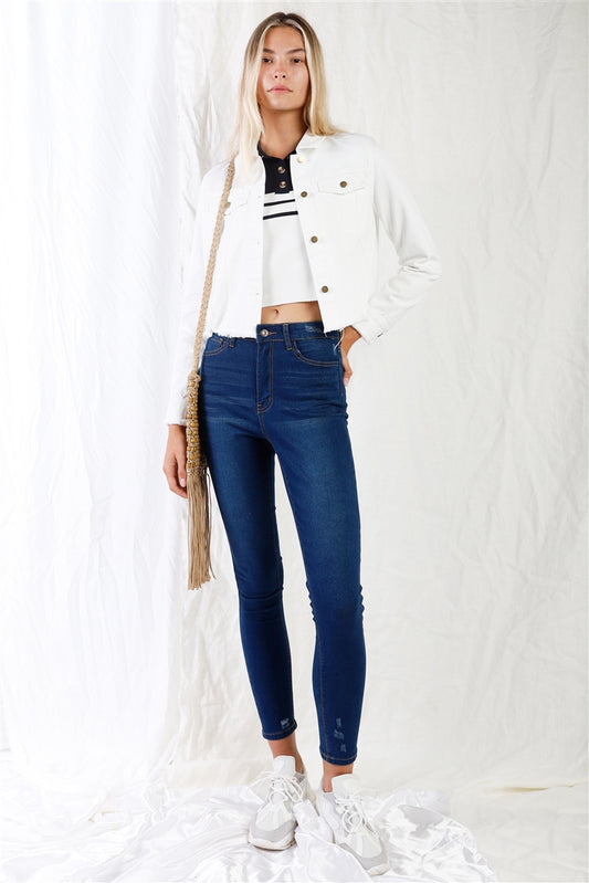 High-waisted Rips Skinny Denim Jeans (Dark Blue)