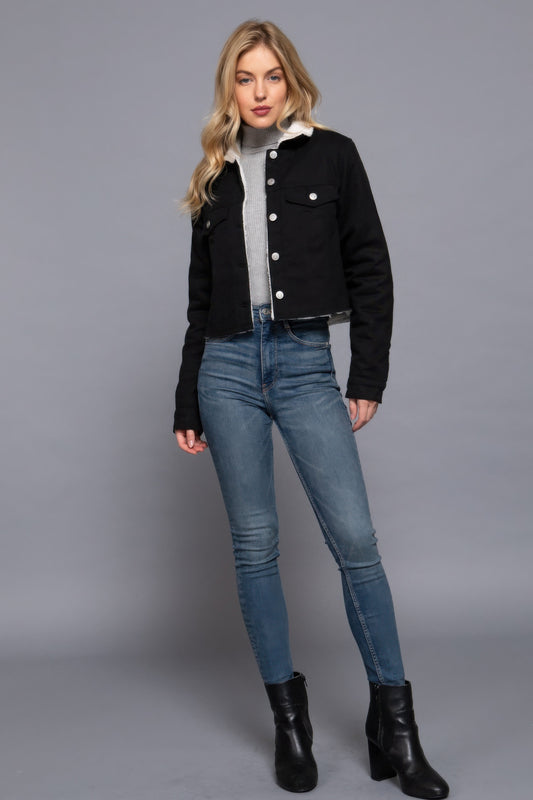Sherpa-Lined Twill Jacket Black