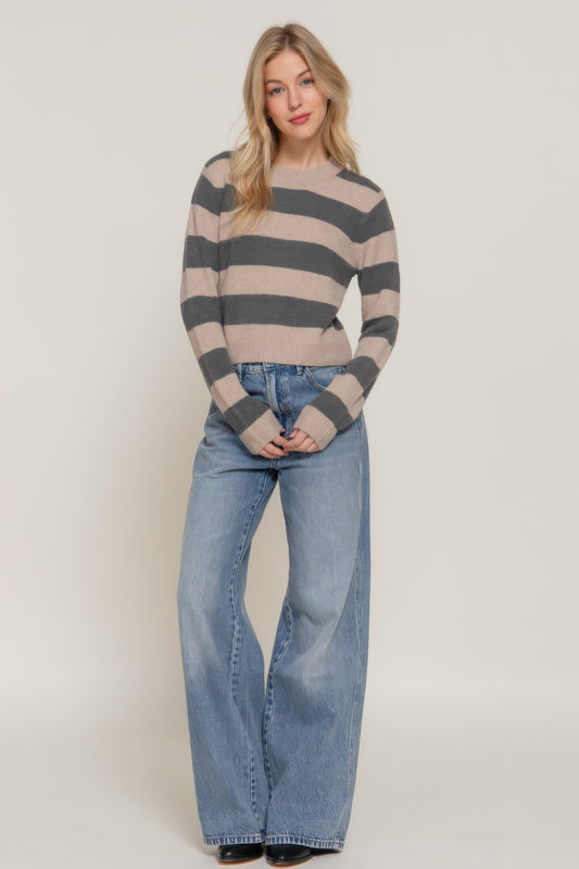 Cozy Crew Neck Stripe Sweater (Charcoal/Khaki)