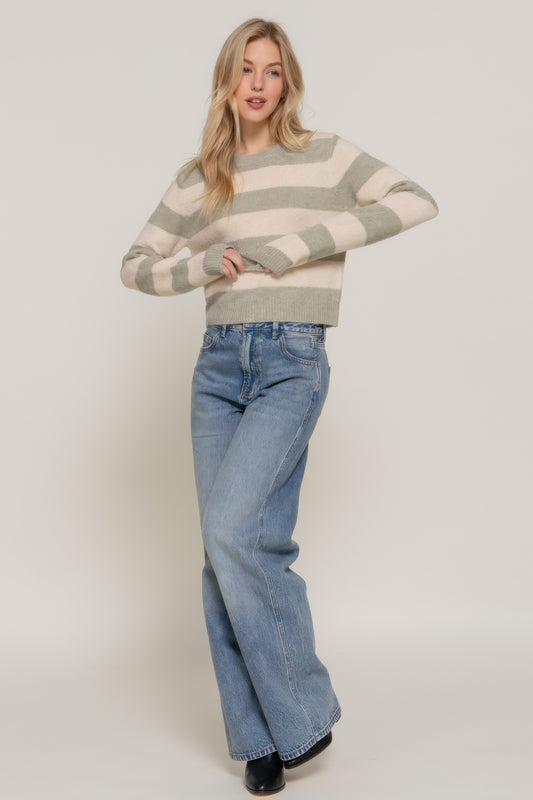 Cozy Crew Neck Stripe Sweater (Olive/Ivory)