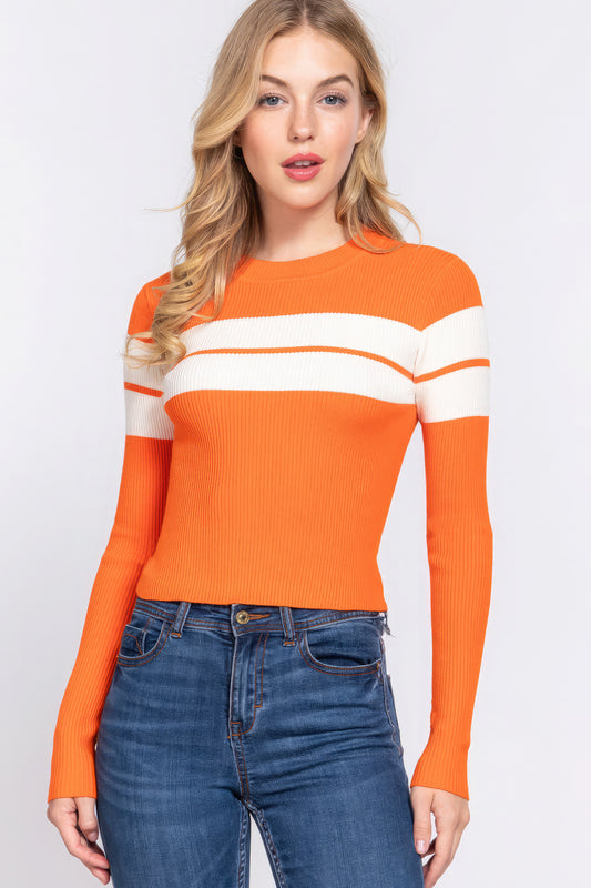 Striped Ribbed Mock Neck Sweater