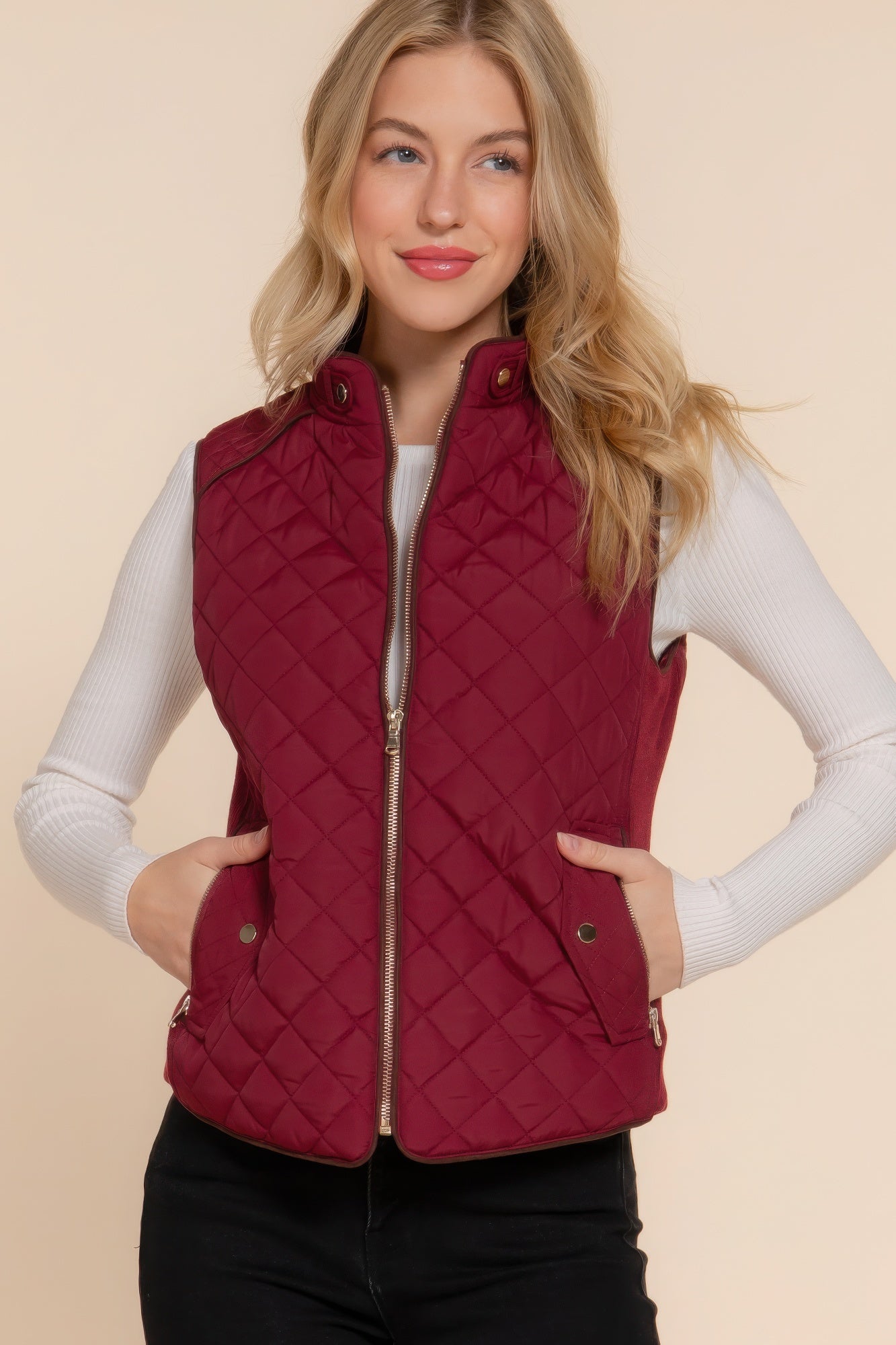 Suede-Trim Quilted Vest