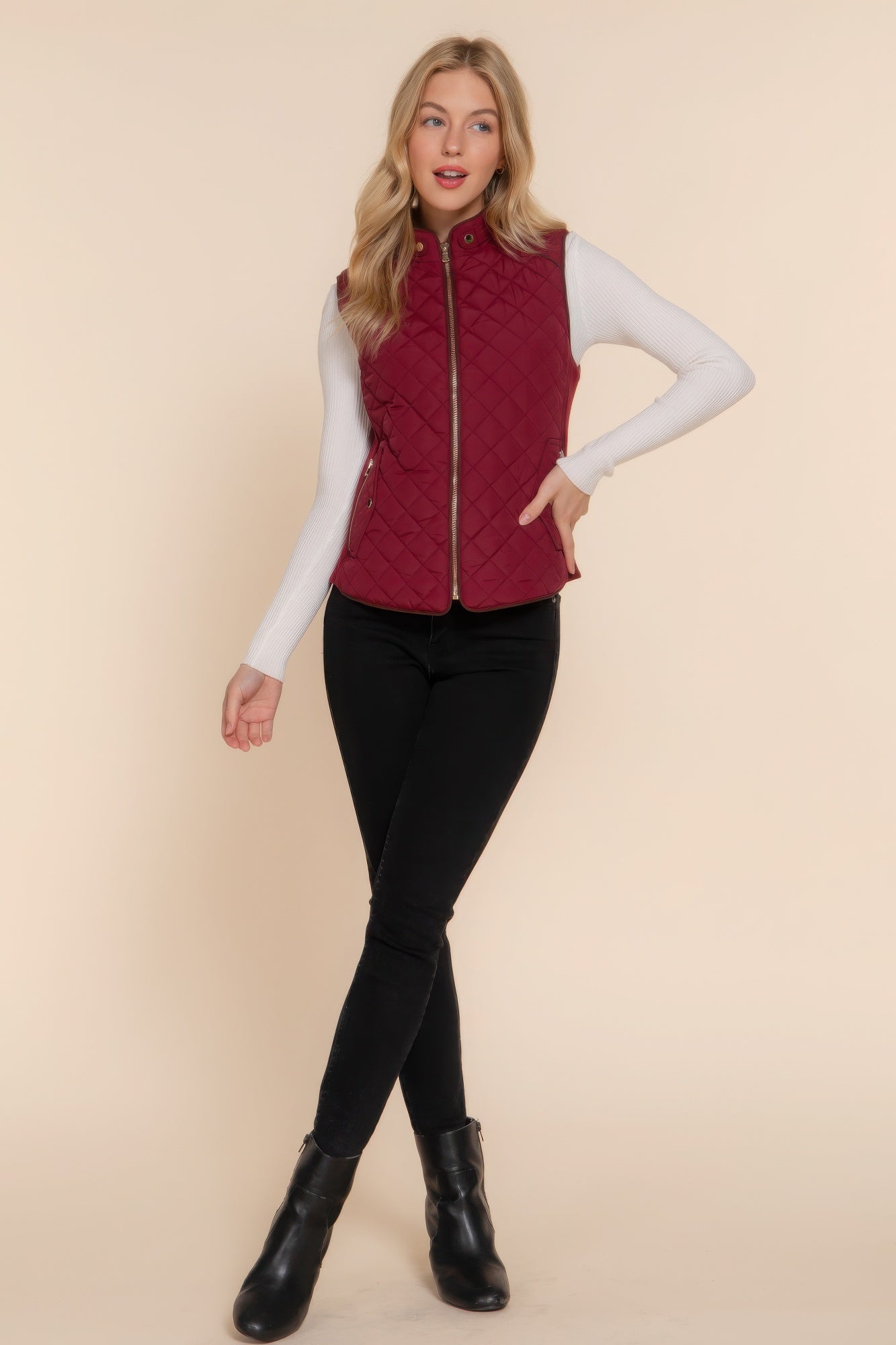 Suede-Trim Quilted Vest