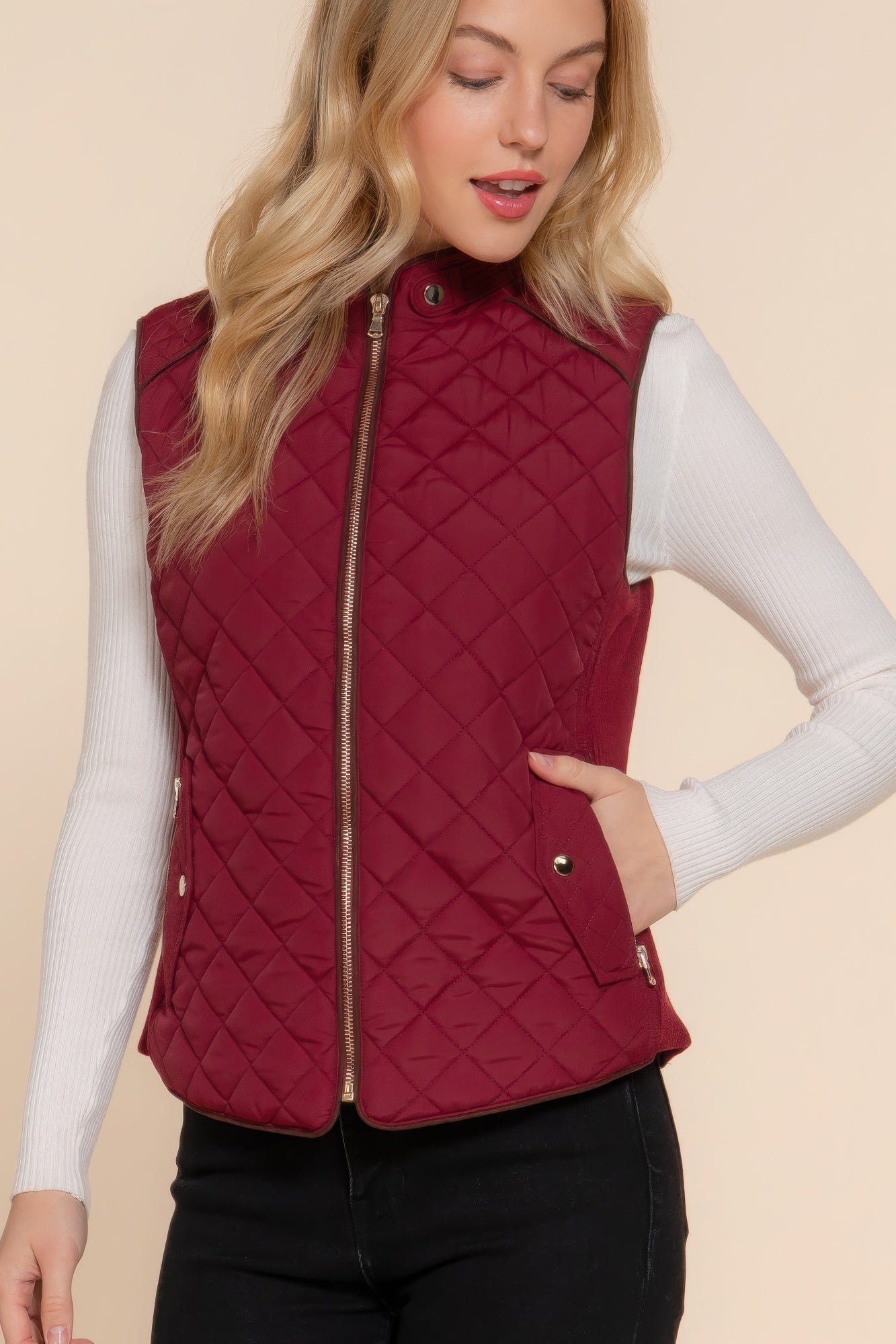 Suede-Trim Quilted Vest