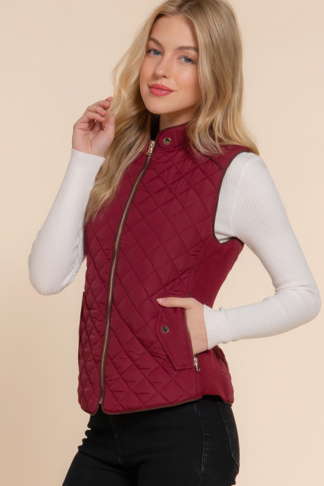 Suede-Trim Quilted Vest