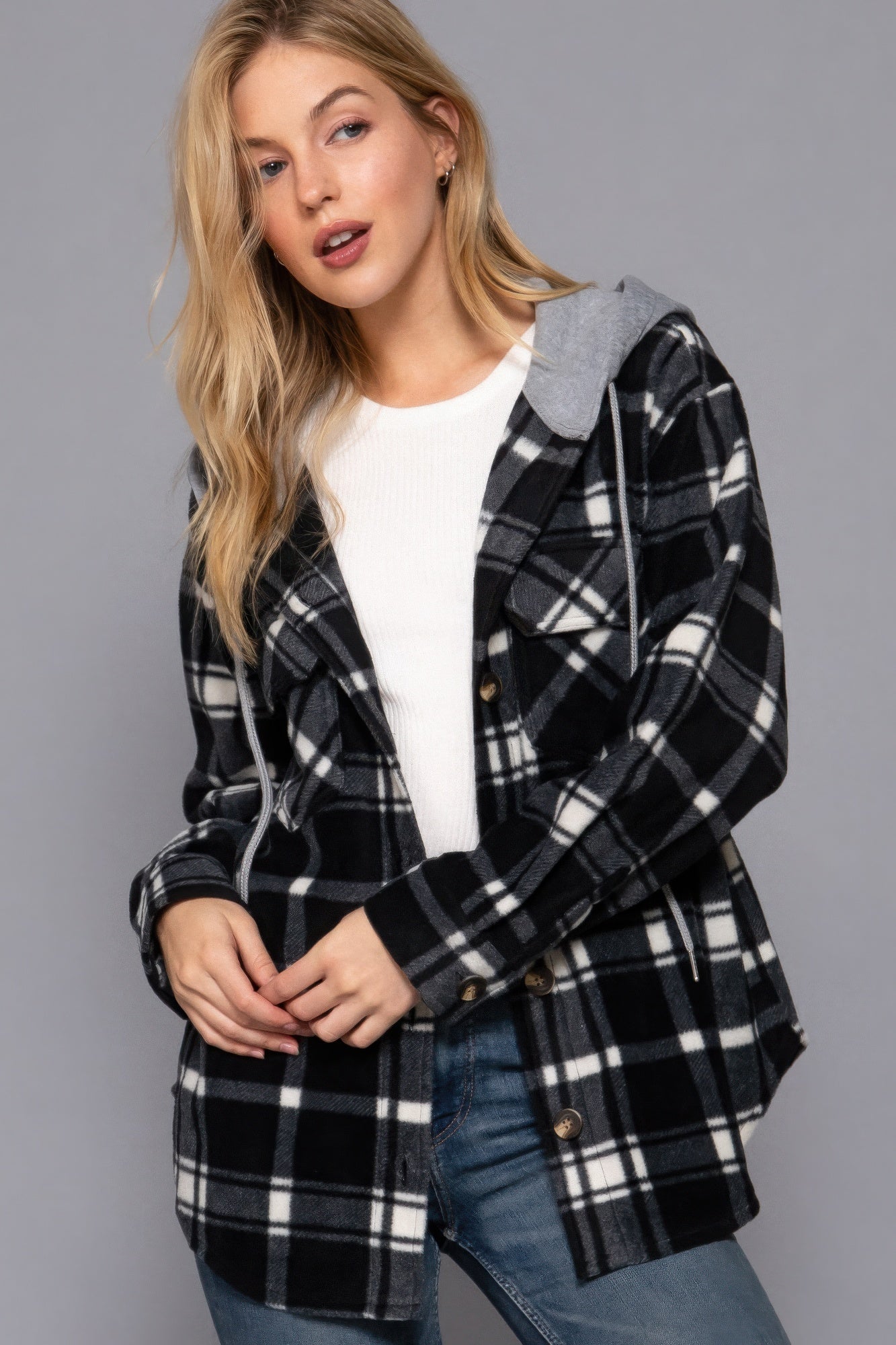 Hoodie Fleece Plaid Print Jacket