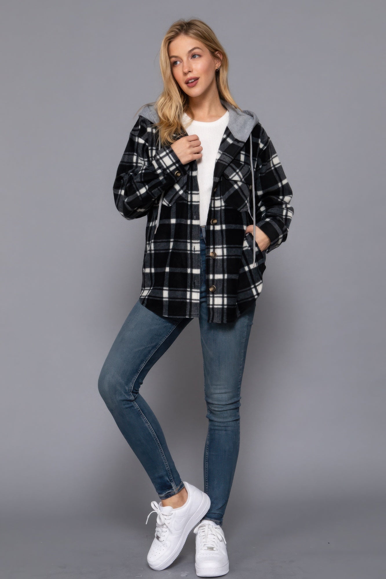 Hoodie Fleece Plaid Print Jacket