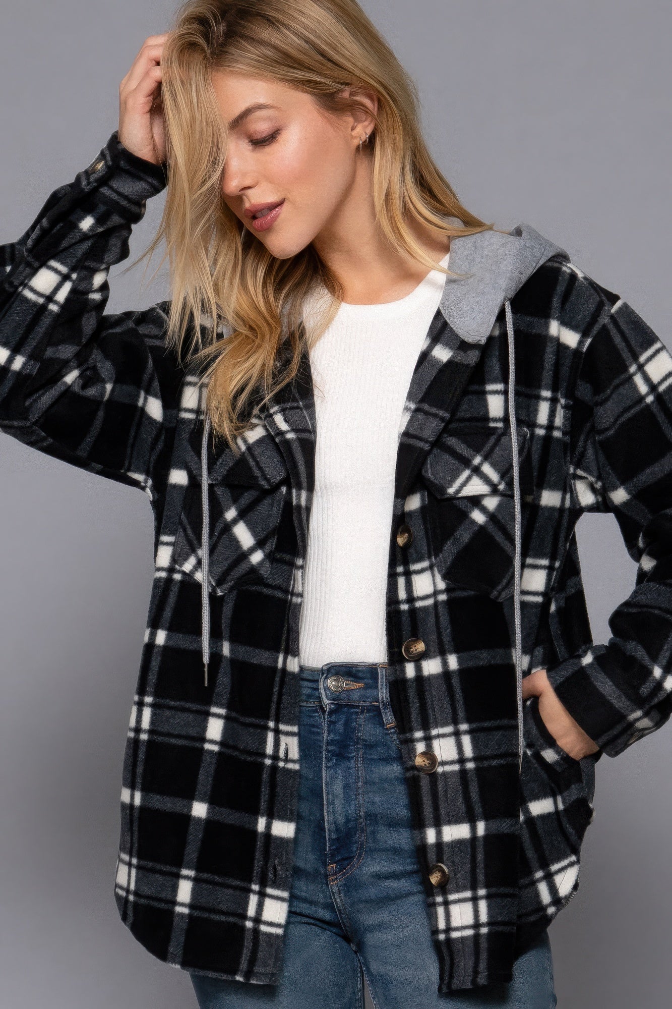 Hoodie Fleece Plaid Print Jacket