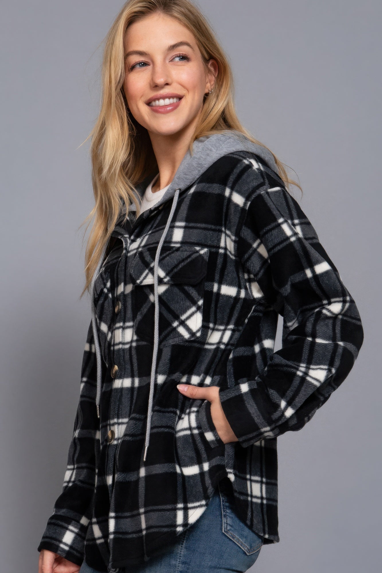 Hoodie Fleece Plaid Print Jacket