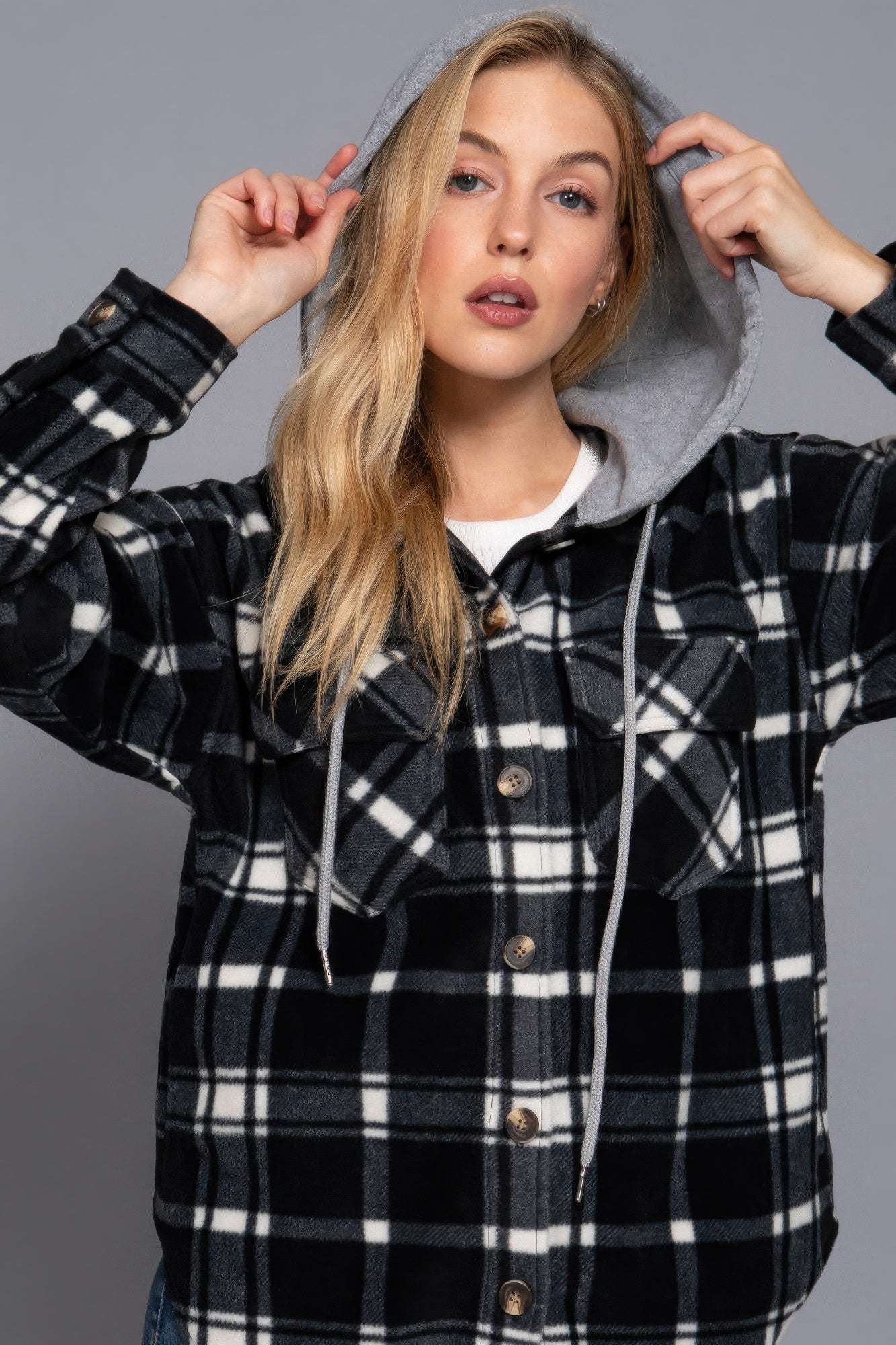 Hoodie Fleece Plaid Print Jacket