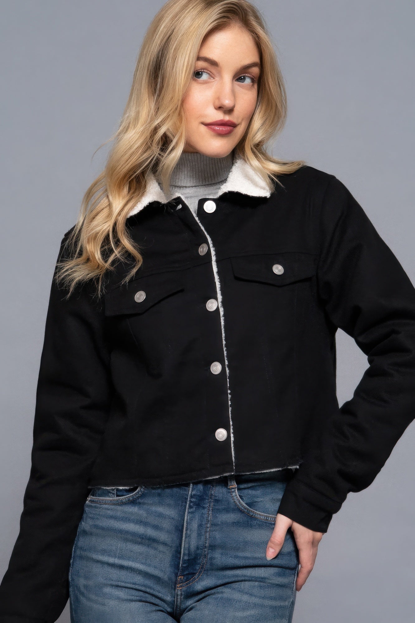 Sherpa-Lined Twill Jacket Black