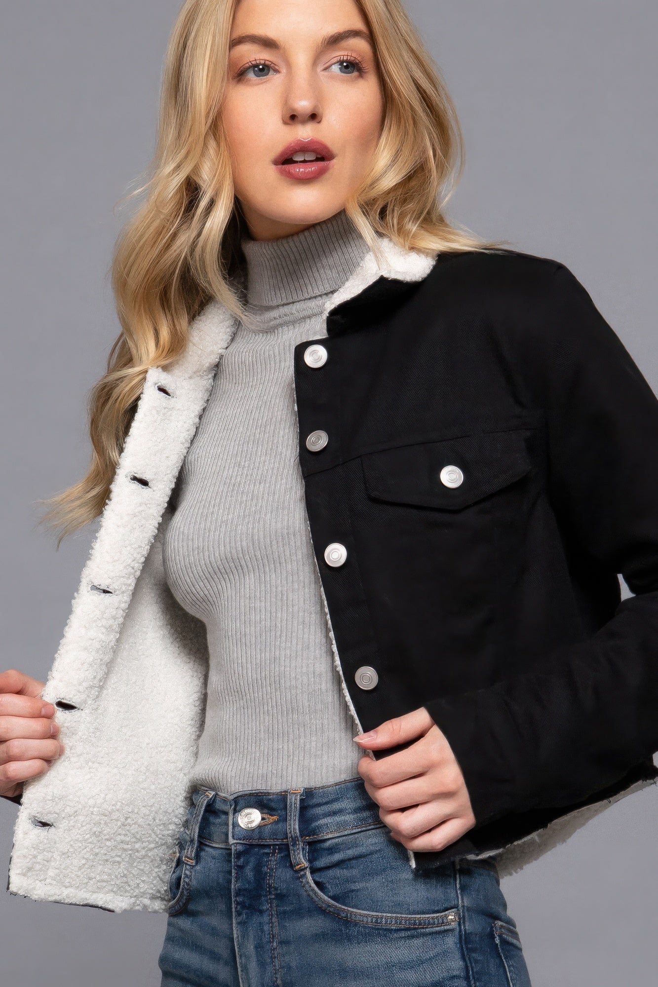 Sherpa-Lined Twill Jacket Black