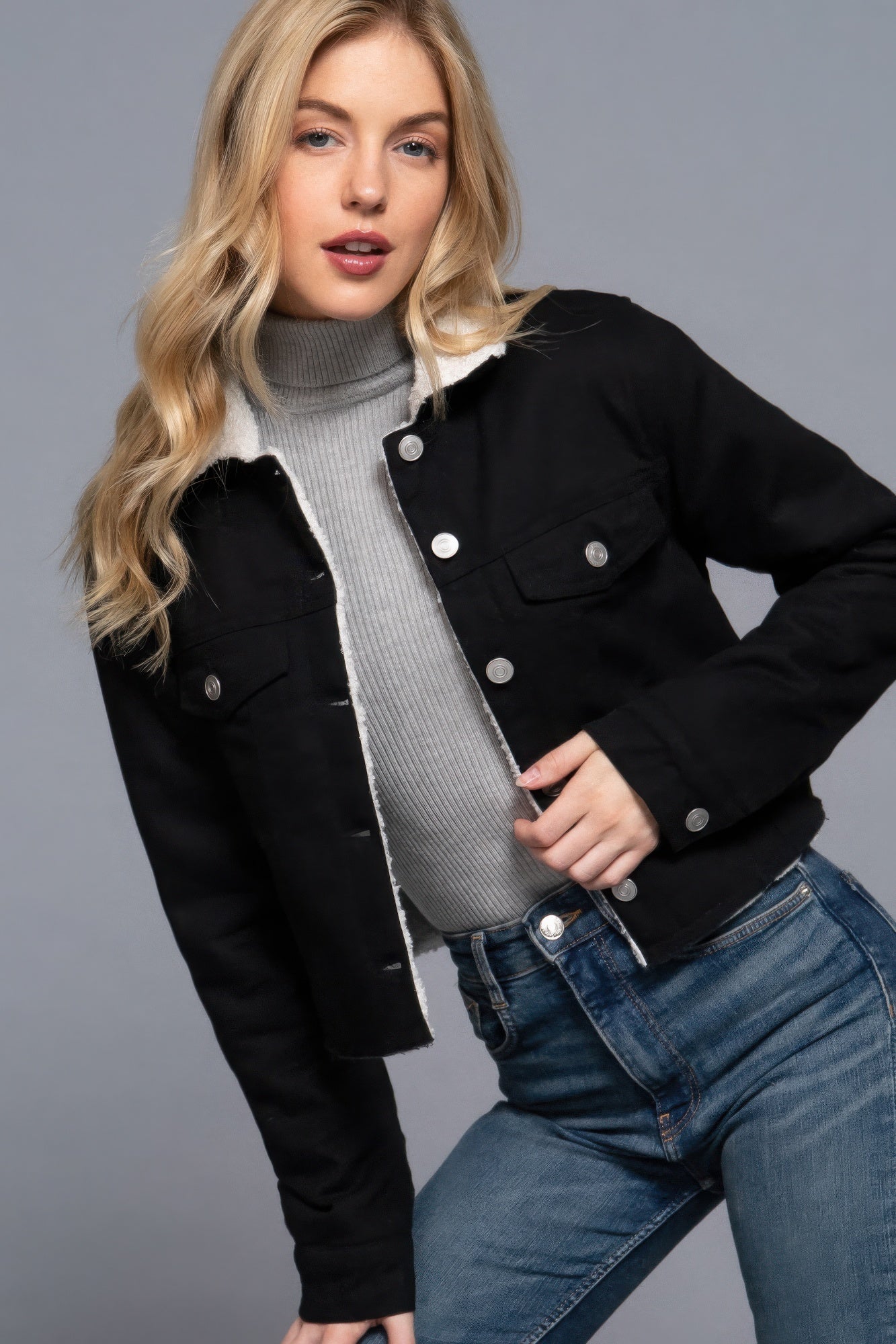 Sherpa-Lined Twill Jacket Black