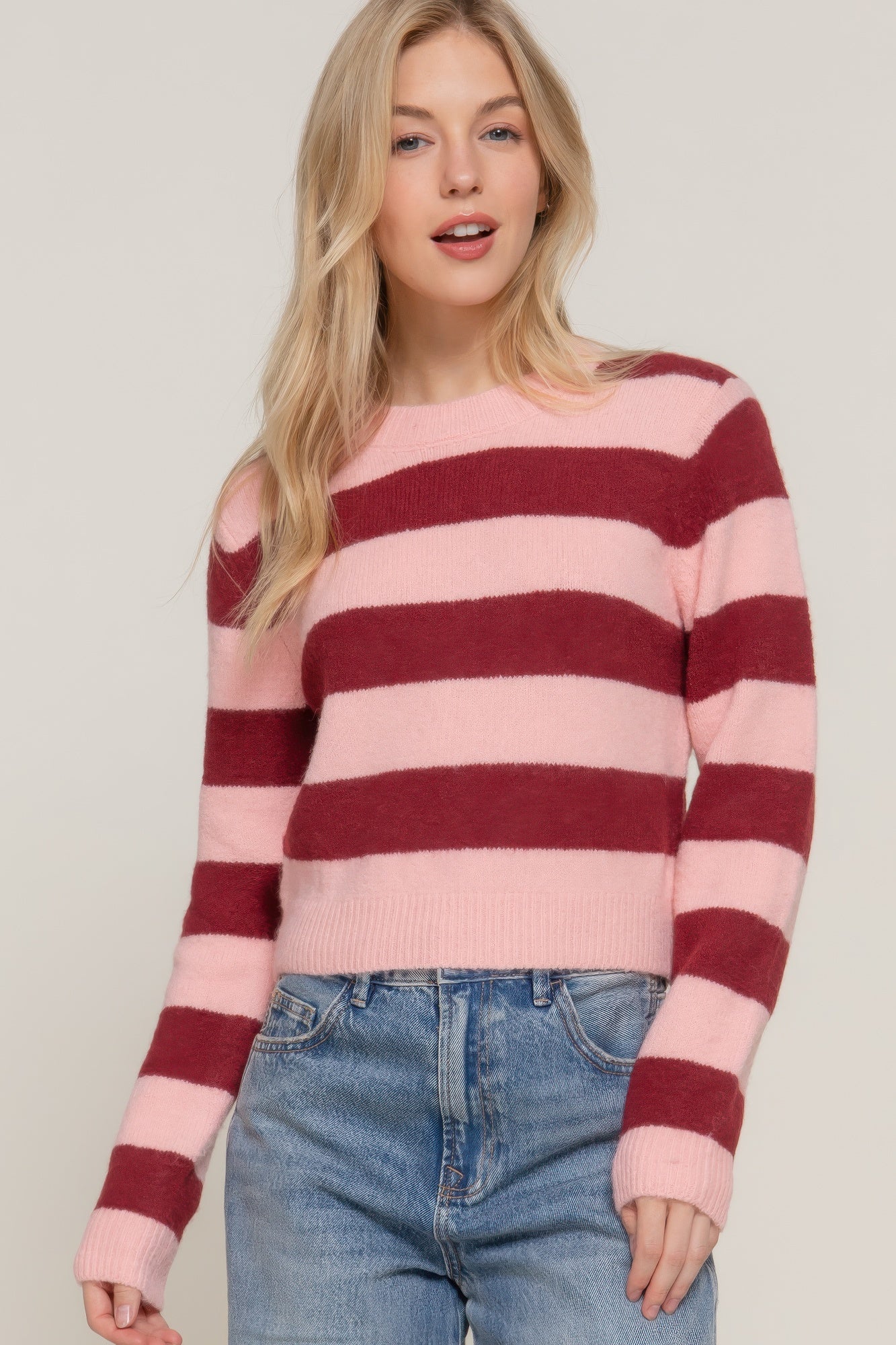 Cozy Crew Neck Stripe Sweater (Burgundy/Pink)