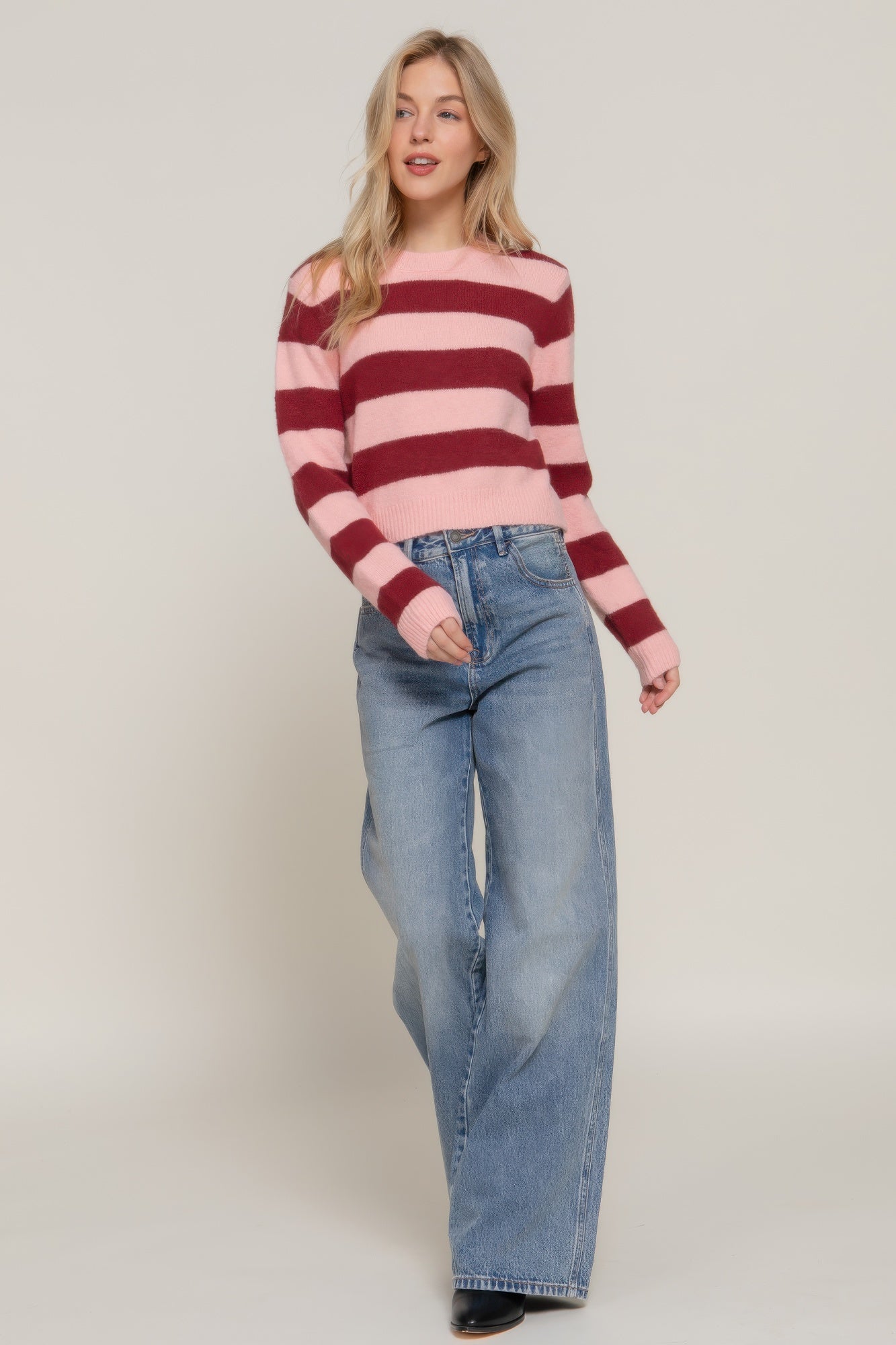 Cozy Crew Neck Stripe Sweater (Burgundy/Pink)