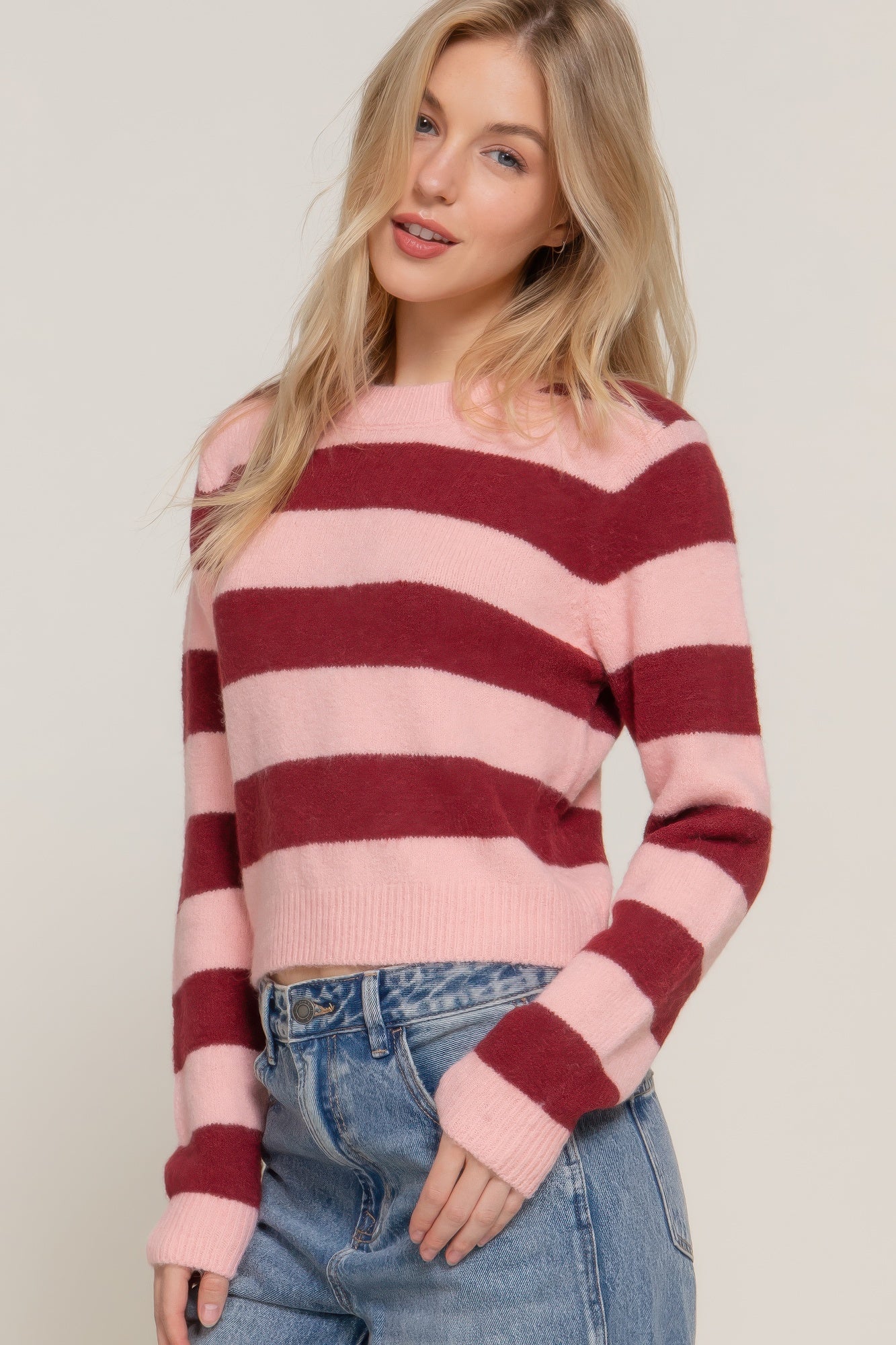 Cozy Crew Neck Stripe Sweater (Burgundy/Pink)