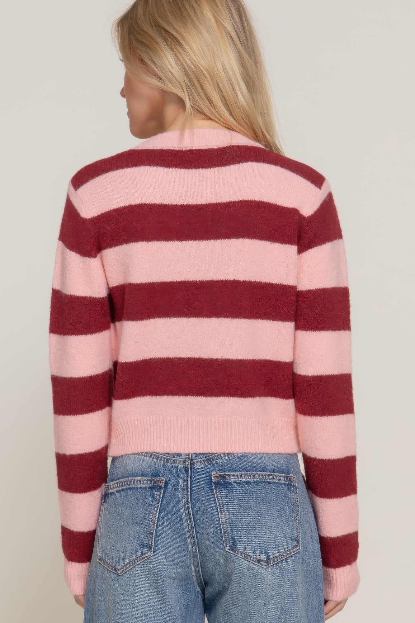 Cozy Crew Neck Stripe Sweater (Burgundy/Pink)